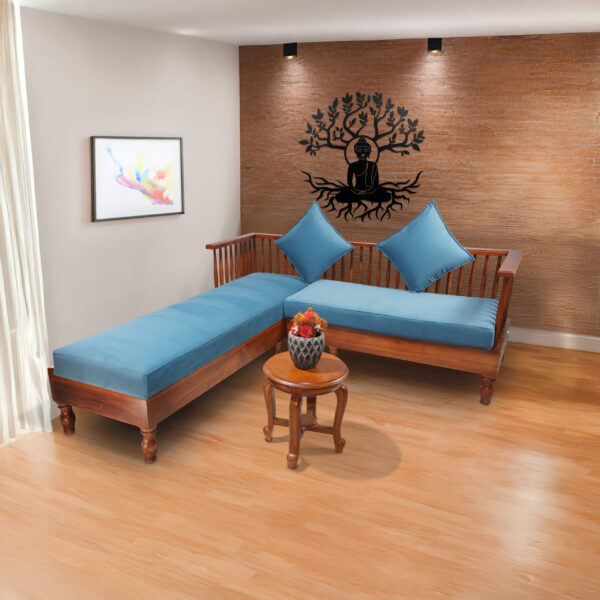 Wooden Corner Sofa With Modern Appearance L Shape Blue Color - 4 Seater