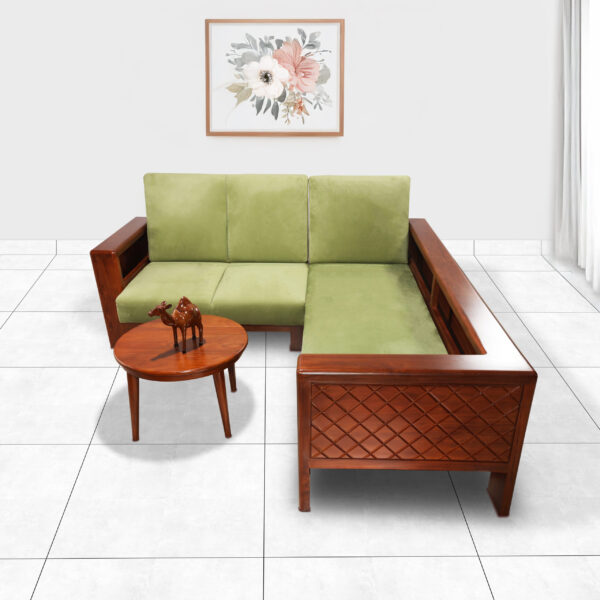 Solid Teakwood Corner Sofa With Modern Appearance Green Color - 4 Seater