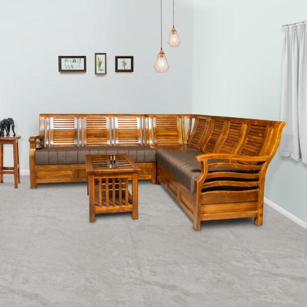Solid Teakwood Corner Sofa With Modern Appearance Brown Color - 6 Seater