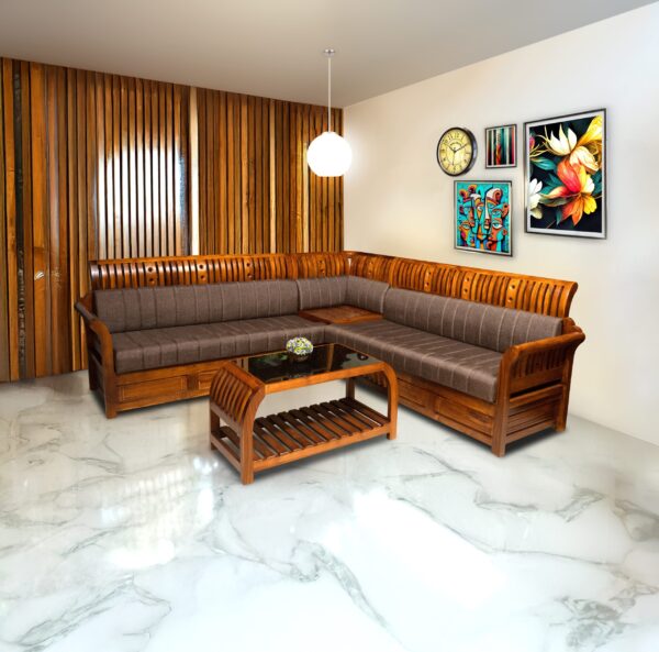 Solid Teakwood Corner Sofa With Modern Appearance Brown Color - 6 Seater 02