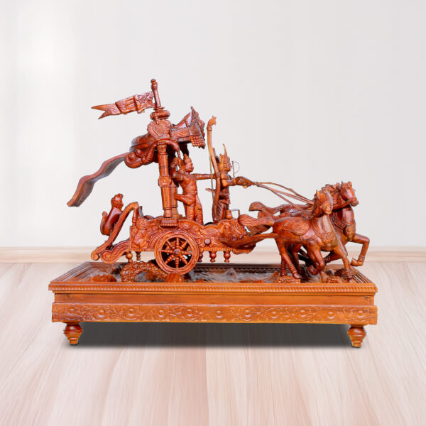 Religious Idol Wooden Arjun and Lord Krishna Riding Rath - Wooden Sculpture with South Indian Artistic Carving