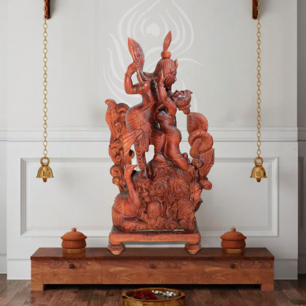 Religious Idol Lord Krishna Dancing with Radha - Wooden Sculpture with South Indian Artistic Carving
