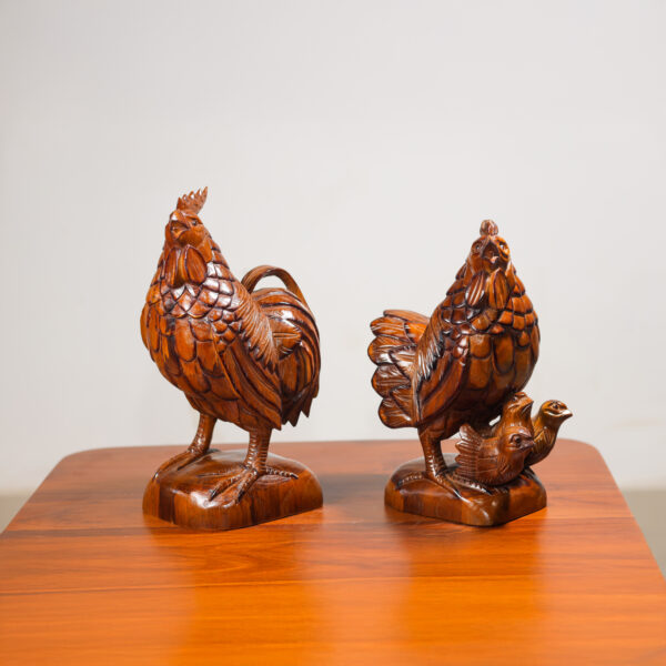 Set of 2 Wooden Chicken Figurine - Handcrafted Rooster Wood Carvings